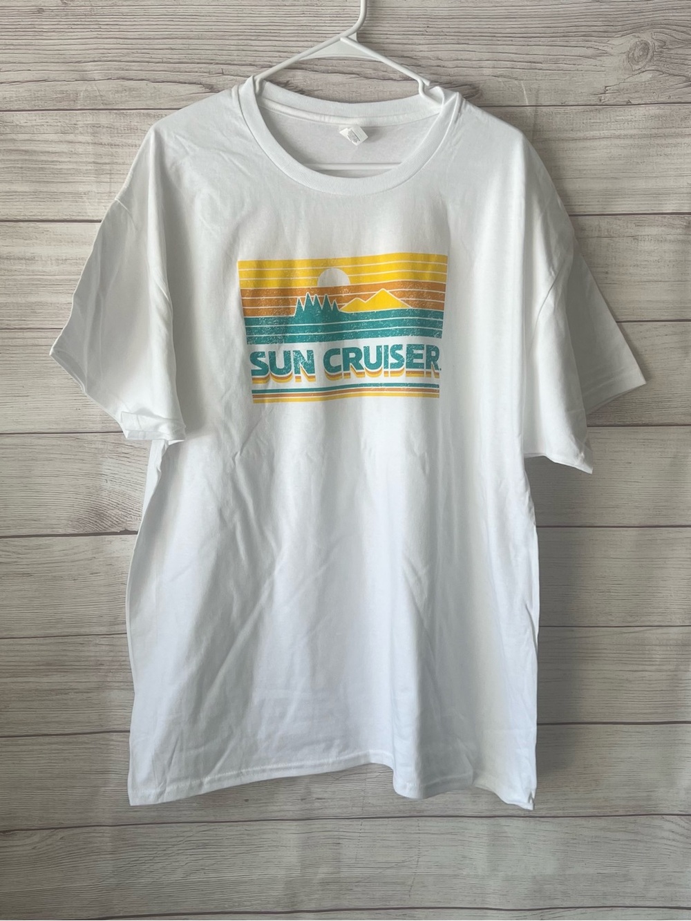 Hanes White Tee with Yellow & Teal Sun Cruiser Graphic